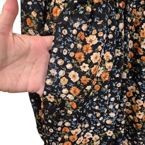 Hayden Women's Black/Orange/Ivory Poly Floral Lined Long Sleeve Dress - Picture 3 of 16